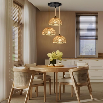 N05 3 Lights Adjustable Length Pendant Light,Pendant Light Fixture with Woven Handmade Basket,Farmhouse Ceiling Hanging Lamp for Kitchen Island Living Room Bedroom Foyer Hallway
