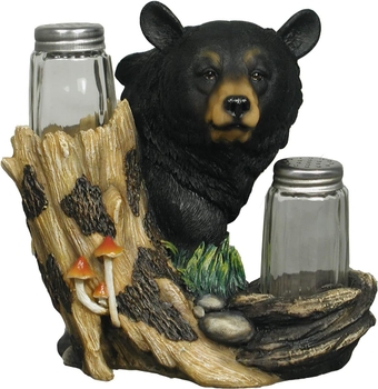 Beary Best Decorative 3 Piece Spice Salt & Pepper Shaker Holder Set, Black Bear Figurine, Hunting Cabin Home Decor, Rustic Kitchen Spice Holder 6"
