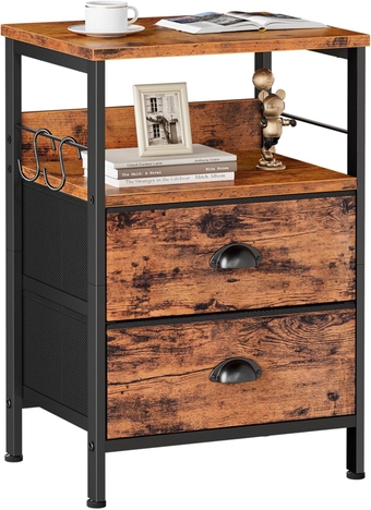Nightstand with 2 Fabric Drawers, Bedside Table, End Table with Open Wood Shelf, Side Sofa Table with 2 Hooks for Bedroom/Living Room/Study/Halway/Rustic Brown