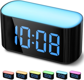 Digital Alarm Clock for Bedrooms - Large Display Easy to Read Across The Room, 7 Larger Color Night Light, Dual Alarm, Dimmer, True Battery Backup, Adjustable Volume（Blue）