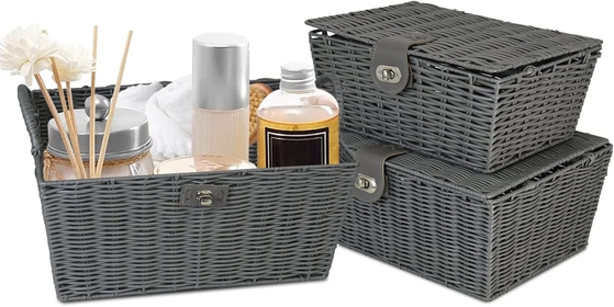 Set of 3 Woven Storage Basket Bin Wicker Hamper Stackable Box with Lid, Wicker Shelf Baskets Bin for Laundry Room Organizer, Wicker Storage Basket with Handle for Picnic, BBQ