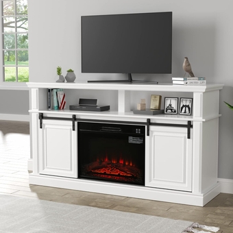 Fireplace Entertainment Center, White TV Stand for 65 inch with 23'' Electric Fireplace, Highboy Farmhouse Cabinet Sliding Barn Door, Tall Console Living Room, Modern White/Fireplace (502753)