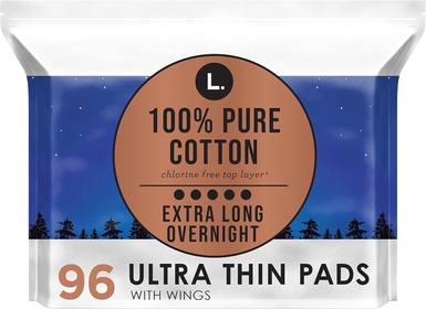 Pure Cotton Topsheet Pads for Women, Overnight Pads, Ultra Thin Pads with Wings, Unscented Menstrual Pads, 48 Count x 2 Packs (96 Count Total)