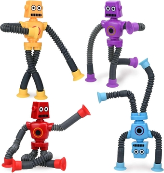 Pop Tubes Robot Fidget Toys (4 Pack), Telescopic Suction Cup Robotics Toy, Toddler Fine Motor Skills & Creative Learning, Autism Sensory Toys for Kids Age 3-6, Party Favors Boy Girl Gifts