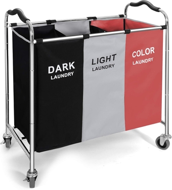 Laundry Hamper, Large Blanket Storage Basket Sorter 3 Section Bag Organizer for Dirty Clothes - 16 X 30 X 35 inch Heavy Duty Laundry Cart Baskets with Wheels in Laundry Room Organization -RED