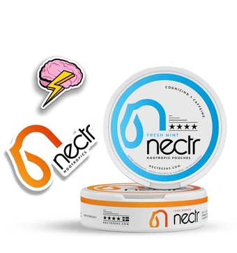 STARTER PACK - NECTR Nootropic Energy Pouches • Iced Mango and Fresh Mint • 250mg Cognizin • 120mg Caffeine • 16 pouches • Nicotine Free • Sugar Free • Includes 2 Cans and 2 Stickers