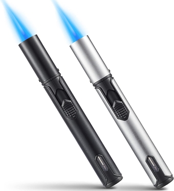 2 Pack Butane Torch Lighter, 6-inch Refillable Pen Lighter Adjustable Jet Flame Butane Lighter for Grill BBQ Candle Camping (Gas Not Included) Black & Silver