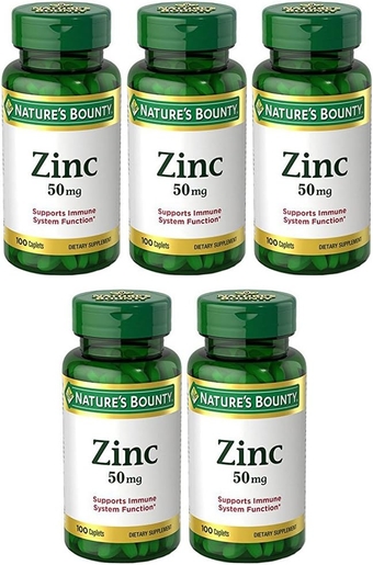 Zinc 50 mg, 100 Caplets (5 Bottles)