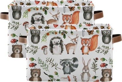 Storage Bin Basket 2 pcs Large Foldable Clothes Bag Rectangle Collapsible Fabric Laundry Hamper Folding Washing Bin Cute Woodland Animals, 14.2x10.2x8.3x2 (B06D20006)
