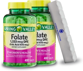 Spring Valley, Folate Supplement, 1333 MCG DFE, 400 Count Tablets Dietary Supplement + 7 Day Pill Organizer Included (Pack of 2)