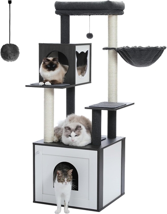 56.7" Cat Tree with Litter Box Enclosure Large, Wood Cat Tower for Indoor Cats with Storage Cabinet and Cozy Cat Condo, Sisal Covered Scratching Post and Repalcable Dangling Balls, Black