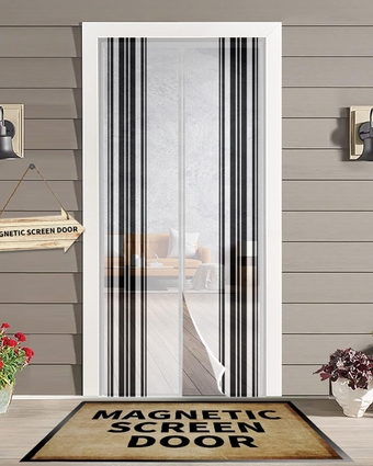 Black Stripes Magnetic Screen Door for Sliding/Single/French Doors, Self Sealing Magnets Patio Door Screen Heavy Duty Mesh Curtain, Traditional Bohemian Geometric Art Decor White
