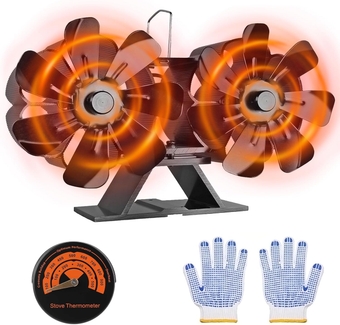 Wood Stove Fan Heat Powered Dual Motors,14 Blades Stove Fans,Fireplace Fan with Magnetic Thermometer & Gloves,Heat Fans for Wood Burning Stove/Gas/Pellet/Log,Non Electric