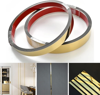 16FT Gold Metalized Wall Trim Molding 201 Stainless Steel Self Adhesive Peel and Stick Wall Trim Metalized Mirror-Like Finish for Wall Ceiling Floor Cabinet Tile Edge Moulding (16.4ft x1.97 in)