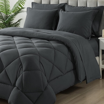 Queen Size Comforter Set, 7 Pieces Bed in a Bag, Bedding Sets with All Season Soft Quilted Lightweight Comforter, Flat Sheet, Fitted Sheet, 2 Pillow Shams, 2 Pillowcases, Dark Grey