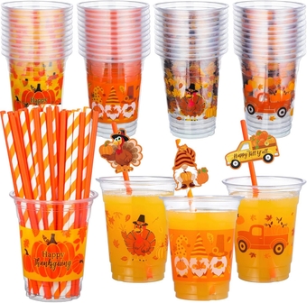 150 Pieces 12 oz Thanksgiving Fall Plastic Cups with 150 Straws and 150 Stickers Gnome Turkey Pumpkin Truck Party Clear Disposable Beverage Cups Bulk for Autumn Harvest Holiday Party Supplies