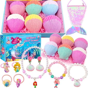 Mermaid Bath Bombs for Girls Kids with Surprise Inside Easter Gifts for Girls Easter Basket Sutffers 6+10 PCS Easter Toys 4 5 6 7 8 Year Old Birthday Princess Jewelry Natural Organic Bubble Bath Bomb