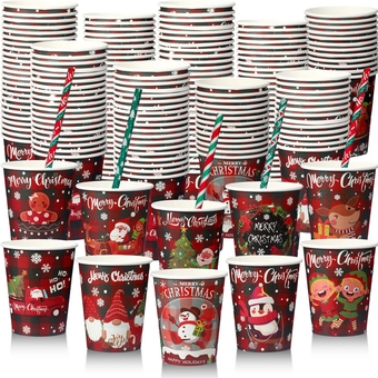 150 Pcs Christmas Paper Coffee Cups with 150 Pcs Straws 9 oz Xmas Disposable Cups Santa Claus Snowman Elk Hot Cocoa Cups for Christmas Holiday Party Drinkware Supplies(Buffalo Plaid)