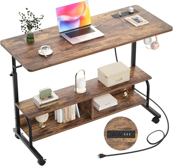Height Adjustable Standing Desk with Power Outlets, 47" Manual Stand Up Desk with Storage Shelves Small Mobile Rolling Computer Desk Portable Laptop Table with Wheels for Home Office, Rustic