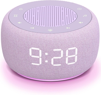 Buffbee Sound Machine & Alarm Clock 2-in-1, 0-100% Clock Face Brightness, Bottom Colored Light, Sleep Timer, Precise 30-Level Volume White Noise Machine, Digital Alarm Clocks for Bedrooms - Purple