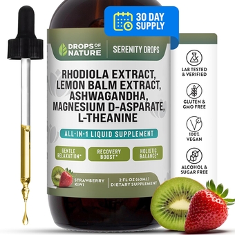 Ashwagandha Liquid  Infused with Magnesium, L-Theanine, Lemon, and Rhodiola Rosea Extract - Vegan Ashwagandha Supplement - Mix with Drinks for Calm and Adaptogenic Support (Strawberry Kiwi, 60mL)