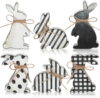 6 Pcs Easter Bunny Wooden Signs Spring Wood Tabletop Bunny Decor Rabbit Decor Black and White Bunny Decor Rustic Rabbit Ornament with Ropes for Party Easter Gifts Home Tiered Tray Decor