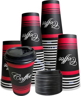 Large 16 oz 150 Count Classic Durable Disposable Paper Cups & Black Dome Lids For Hot/Cold Drink, Coffee, Tea, Cocoa, Travel - Large 16 Ounce Cups, 150 Count Cups & 150 Black Lids