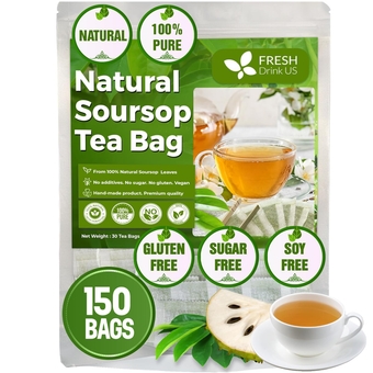 FreshDrinkUS, 150 Premium Soursop Graviola Leaf Tea Bags, 100% Natural and Pure from Soursop Leaves, Handmade, Made With Natural Materials-Corn Fiber Tea Bag, Sugar/Caffeine/Gluten Free, Hoja Guanabana Tea (Soursop, 150 Count (Pack Of 1))