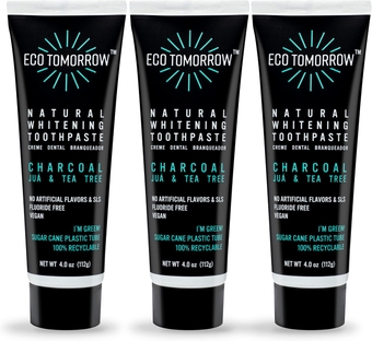 EcoTomorrow Charcoal Whitening Toothpaste - Natural Juá & Tea Tree, Fluoride Free, Plant Based with Peppermint Essential Oil - 4.0oz (Pack of 3)