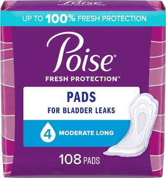 Incontinence Pads & Postpartum Incontinence Pads, 4 Drop Moderate Absorbency, Long Length, 108 Count (2 Packs of 54), Packaging May Vary