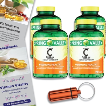 Spring Valley Vitamin C with Rose HIPS Tablets Dietary Supplement 1,000 mg 250 ct 4 pk Choice Bundle (1000 Total) + Vitamin Vitality Guide & Portable Pill Container (6 Items)!