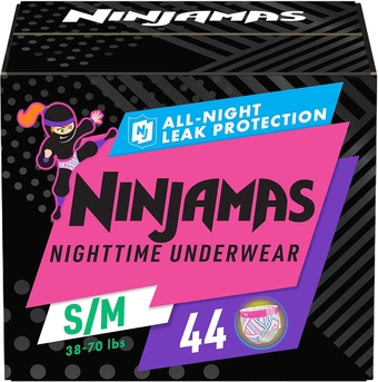 Ninjamas Nighttime Bedwetting Underwear Girls Size S/M (38-65 lbs) 44 Count (Packaging & Prints May Vary)