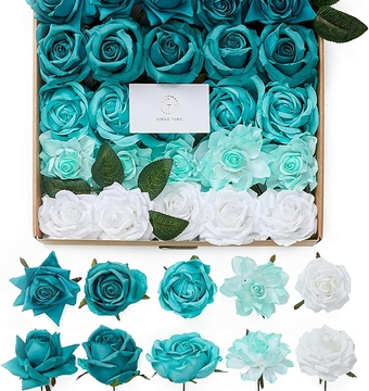 Teal Green Silk Artificial Flowers, Fake Rose Flowers 25pcs with Stem for DIY Wedding Bouquets Baby Shower Centerpieces Party Tables Home Decorations