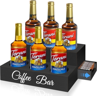 Coffee Syrup Organizer, 2 Tier Syrup Rack Stand for Coffee Bar Station, 6 Syrup Bottles Holder, Freestanding Tabletop Rack for Syrup Wine Dressing Liquor,Coffee Bar Accessories, Black