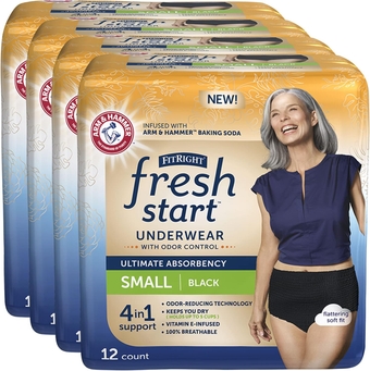 FitRight   Incontinence and Postpartum Underwear for Women, Small, Black (48 Count) Ultimate Absorbency, Disposable Underwear with The Odor-Control Power of ARM & HAMMER