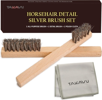 Horsehair Detail Brush Set, 2 Silver Cleaning Brushes and Polish Cloth Perfect for Detailing, Polish Work, Fine and Heirloom Silverware Plateware Jewelry, Ultimate Solution for a Gleaming Finish