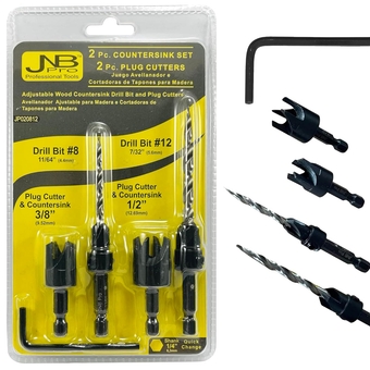 Wood Countersink Drill Bit Set & Wood Plug Cutters-2 Pc Adjustable Countersink Bit #8(7/64") #12(7/32") and 2 Wood Plug Cutters Dowel Cutter 3/8" & 1/2" Diameter-1 Hex Wrench-1/4" Quick Change