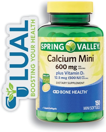 Calcium Supplement 600 mg with Vitamin D3 | Calcium Carbonate | Small Calcium Pills | Calcium Softgels | Includes Luall Sticker + Spring Valley Calcium Plus Vitamin D3 Supplement, 150 Mini Softgels
