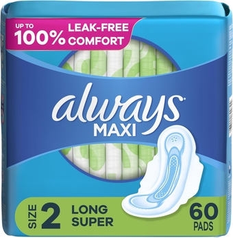 Maxi Feminine Pads for Women, Size 2 Long Super Absorbency, with Wings, Unscented, 60 Count