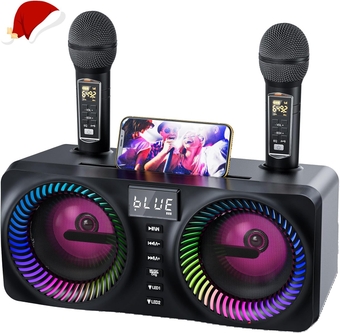 Karaoke Machine for Kids Adults, Portable Bluetooth Speaker with 2 UHF Wireless Microphones, PA System with Bass/Echo Adjustment, 9 Modes LED Lights for Home Party, Wedding (Black-NT001)