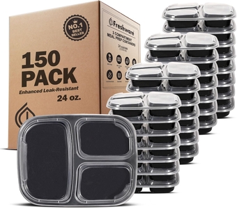 Meal Prep Containers [150 Pack] 3 Compartment Food Storage Containers with Lids, Bento Box, BPA Free, Stackable, Microwave/Dishwasher/Freezer Safe (24 oz)