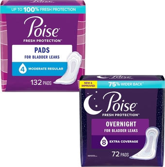 Incontinence Pads & Postpartum Incontinence Pads for Women Bundle: 4 Drop Moderate Absorbency, Regular Length, 132ct and 8 Drop Overnight Absorbency, Extra-Coverage Length, 72ct
