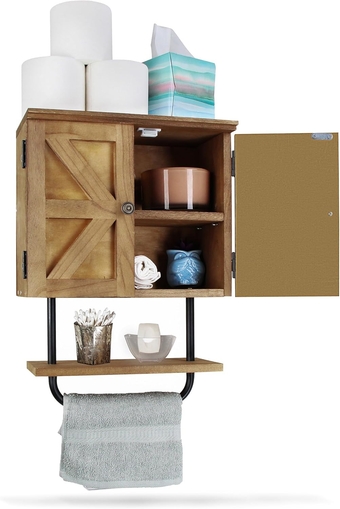Bathroom Cabinet Wall Mounted - Hanging Above Toilet Storage Cabinet with Towel Bar - Rustic Farmhouse Medicine Cabinet for Over The Toilet Organization with Latching Doors