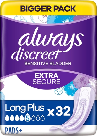Discreet Incontinence Pads Women, Long Plus, 32 High Absorbency Pads (8 x 4 Packs), Odour Neutraliser, Bigger Pack, for Sensitive Bladder