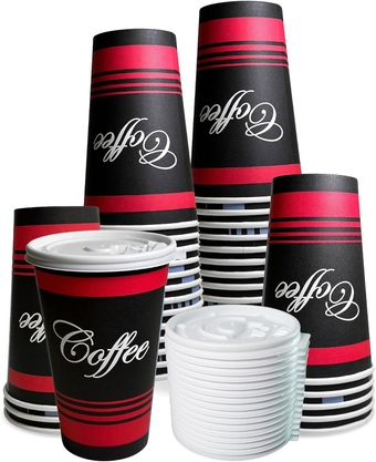 Large 16 oz 150 Count Paper Hot Cups with White Lids Classic Durable Disposable Paper Hot Coffee Cups For Hot/Cold Drink, Coffee, Tea, Cocoa, Travel, Office (16 Ounce - 150 Count Cups)