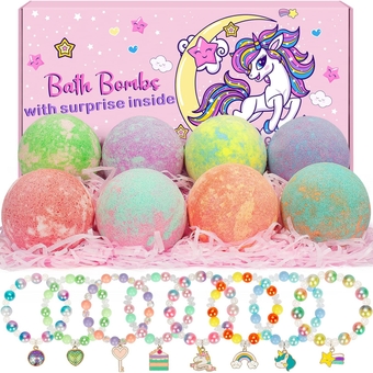 8 Pack Easter Bubble Bath Bombs for Kids with Unicorn & Mermaid Bracelets Toys, Kids Bath Bombs with Surprise Inside, Easter Basket Stuffers for Toddler Girls, Ideal Christmas Birthday Gifts for Kids