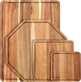 4 Pcs Solid Acacia Wood Charcuterie Boards Wooden Serving Tray Set for Serving Food Large Dinner Platters for Dinner Party Cheese Food Decorative(Square Octagon Rectangle, 4 Sizes)