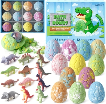 Easter Basket Stuffers Bath Bombs with Surprise Dinosaur Toys Inside，12 Pack Organic and Natural Bubble Bath Bombs，Bath Bomb Set Gift for Birthday/Christmas Gift for Her/Him