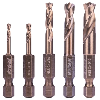 5-Piece M35 Cobalt Stubby Drill Bit Set for Stainless Steel & Hard Metals, with 1/4" Hex Shank for Quick Chucks & Impact Drivers, SAE Sizes 3/32"-1/8"-3/16"-1/4"-5/16" in Storage Case