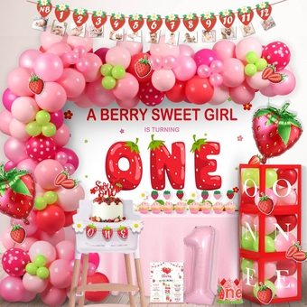 142 PCs Berry Sweet One Birthday Party Decorations,  Berry First Strawberry 1st Birthday Party Decorations Backdrop Balloon Garland Monthly Photo High Chair Banner Box Cutout Crown Poster